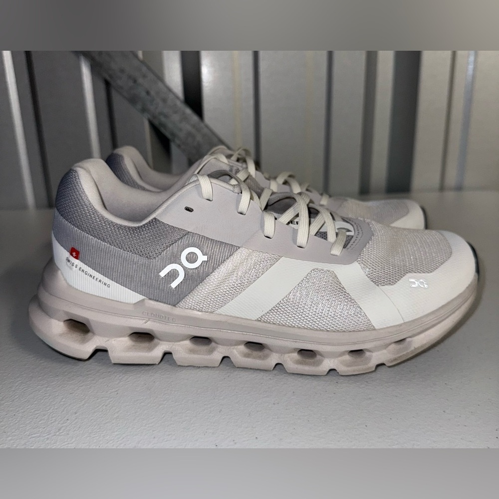 On Women's Cloudrunner running shoes in the White Frost Color Size W9